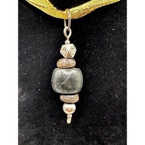 Artisan Pendant Mexican Solid Jade Ebony Wood Silver Inlay Tuareg Tribe Jewerly